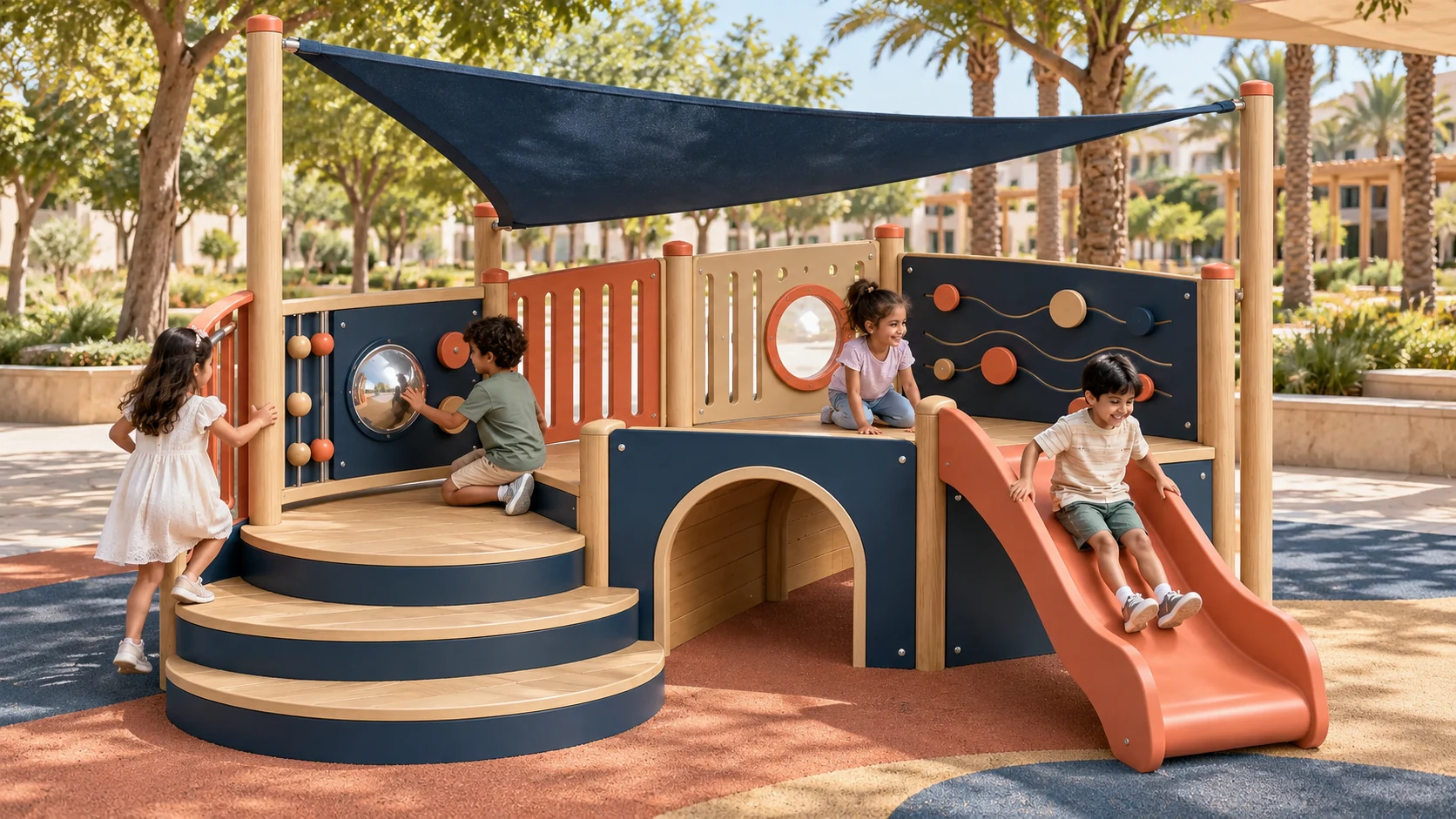 Illustrative UAE park setting for the Harbour Steps Play Nook playground concept; site and equipment details are conceptual.