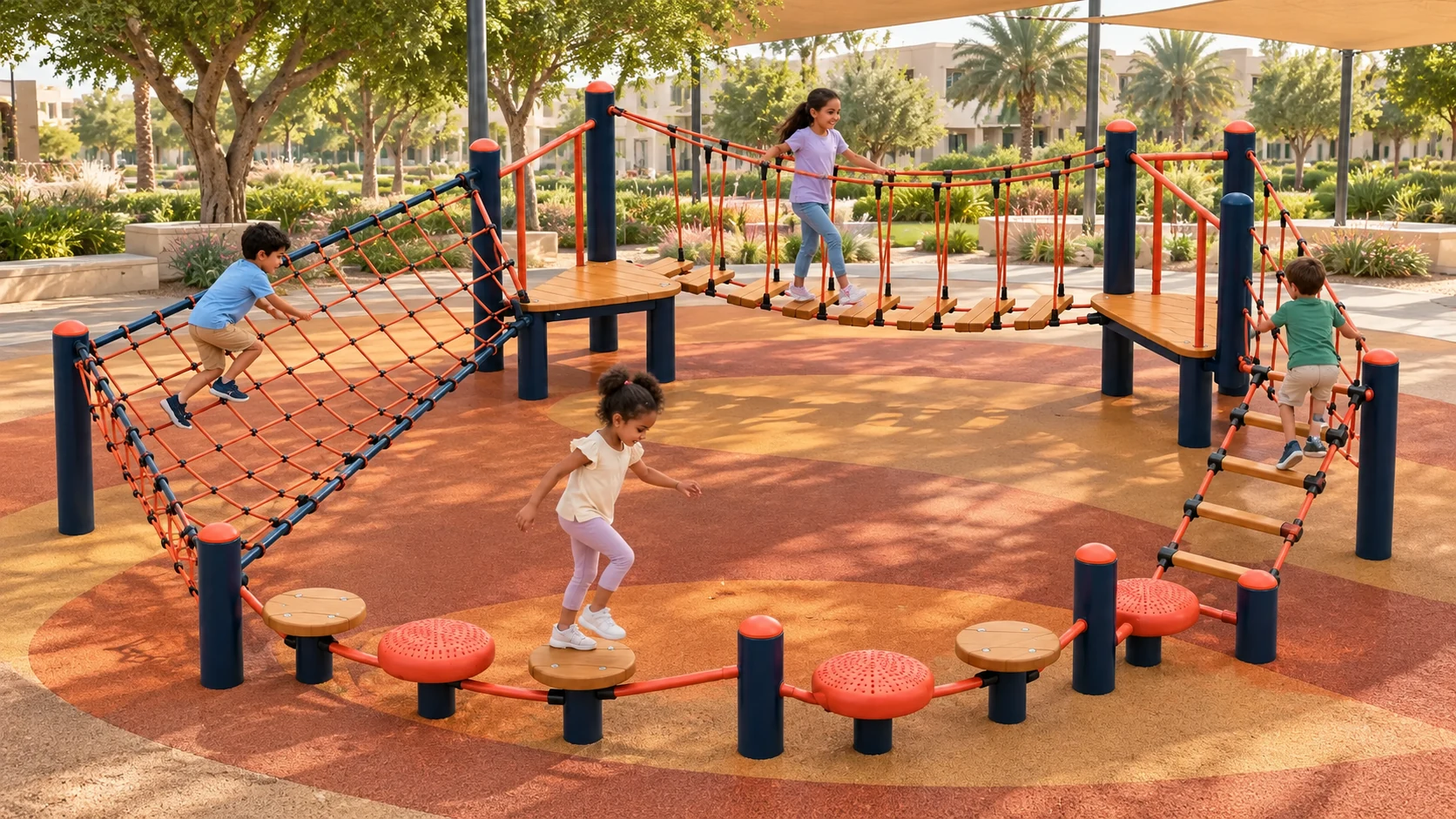 Illustrative UAE park setting for the Traverse Loop Adventure playground concept; site and equipment details are conceptual.
