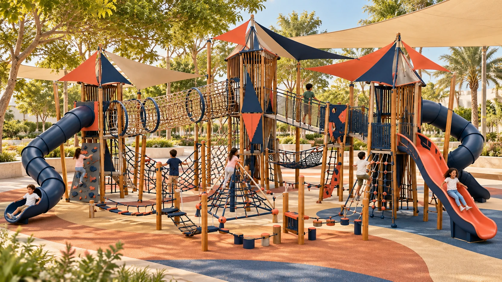 Illustrative UAE park setting for the Grand Canopy Expedition playground concept; site and equipment details are conceptual.