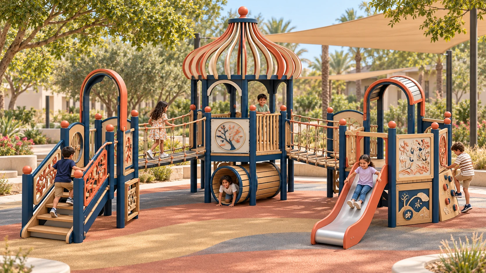 Illustrative UAE park setting for the Lantern Trail Courtyard playground concept; site and equipment details are conceptual.