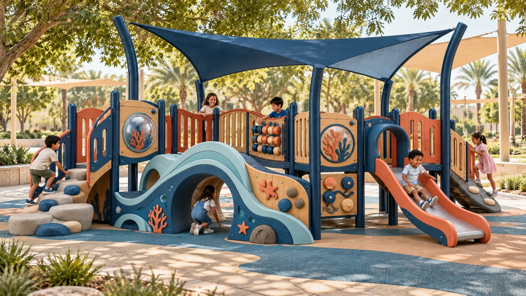 Illustrative UAE park setting for the Tidepool Discovery Pavilion playground concept; site and equipment details are conceptual.