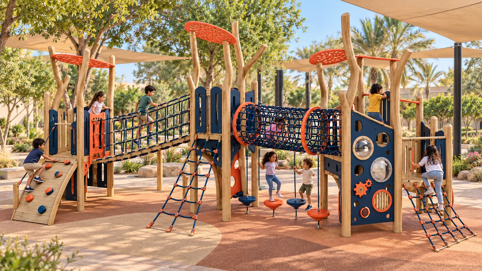 Illustrative UAE park setting for the Rootline Discovery Fort playground concept; site and equipment details are conceptual.