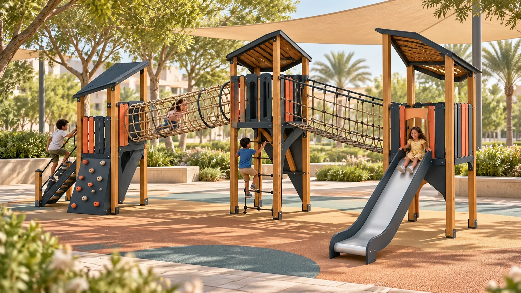 Illustrative UAE park setting for the Skyline Linking Towers playground concept; site and equipment details are conceptual.