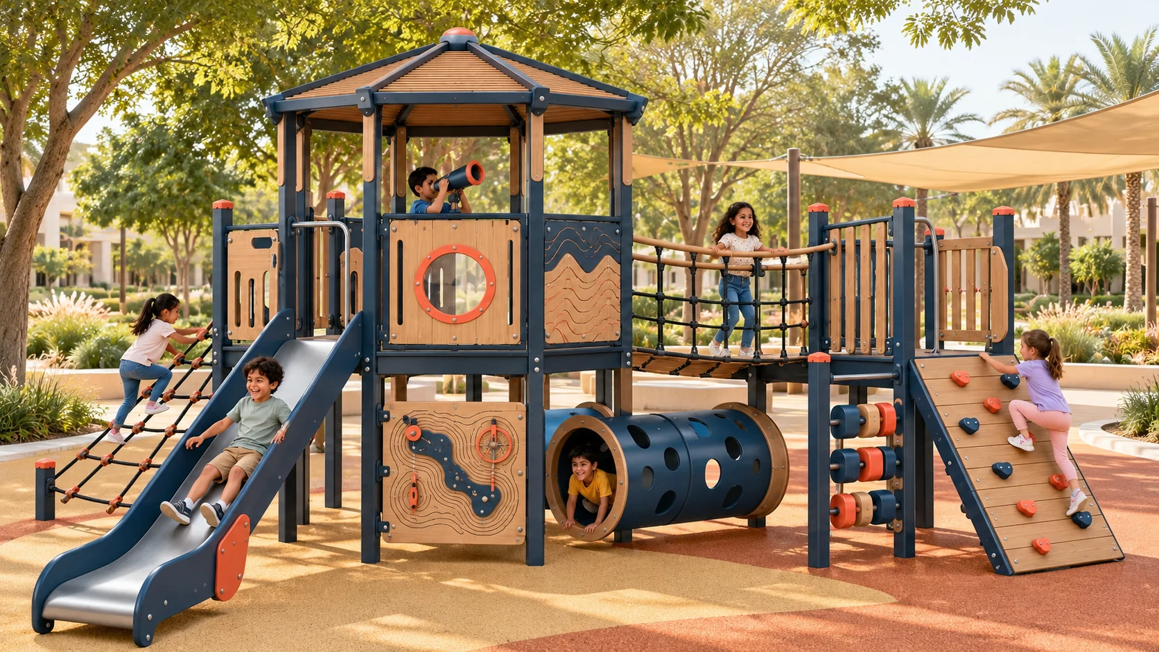 Illustrative UAE park setting for the Field Lab Discovery Base playground concept; site and equipment details are conceptual.