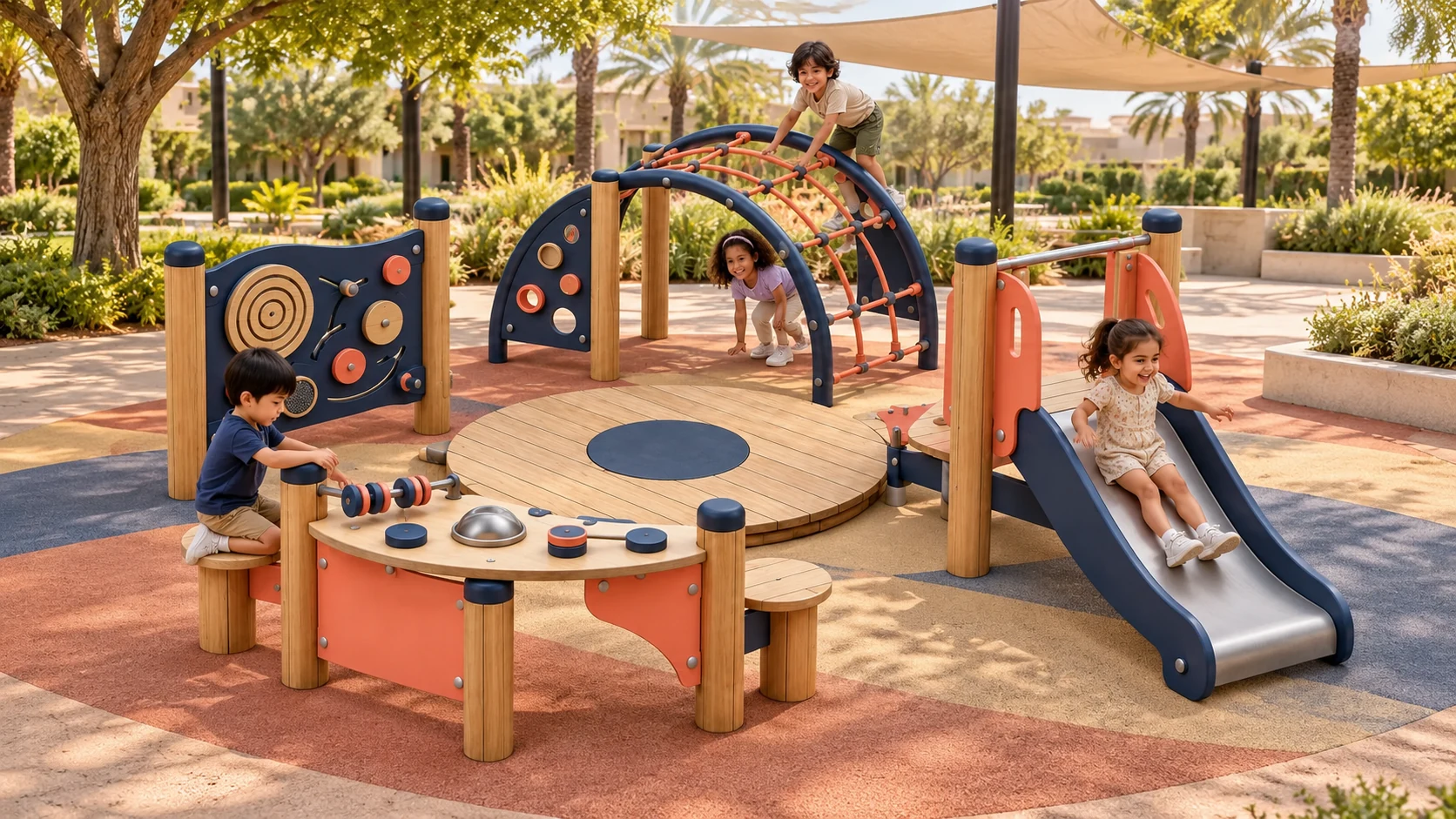 Illustrative UAE park setting for the Village Play Circle playground concept; site and equipment details are conceptual.