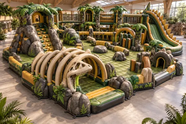 Jurassic Explorer Air Park — Dinosaur Discovery inflatable concept visualisation, not an installed attraction