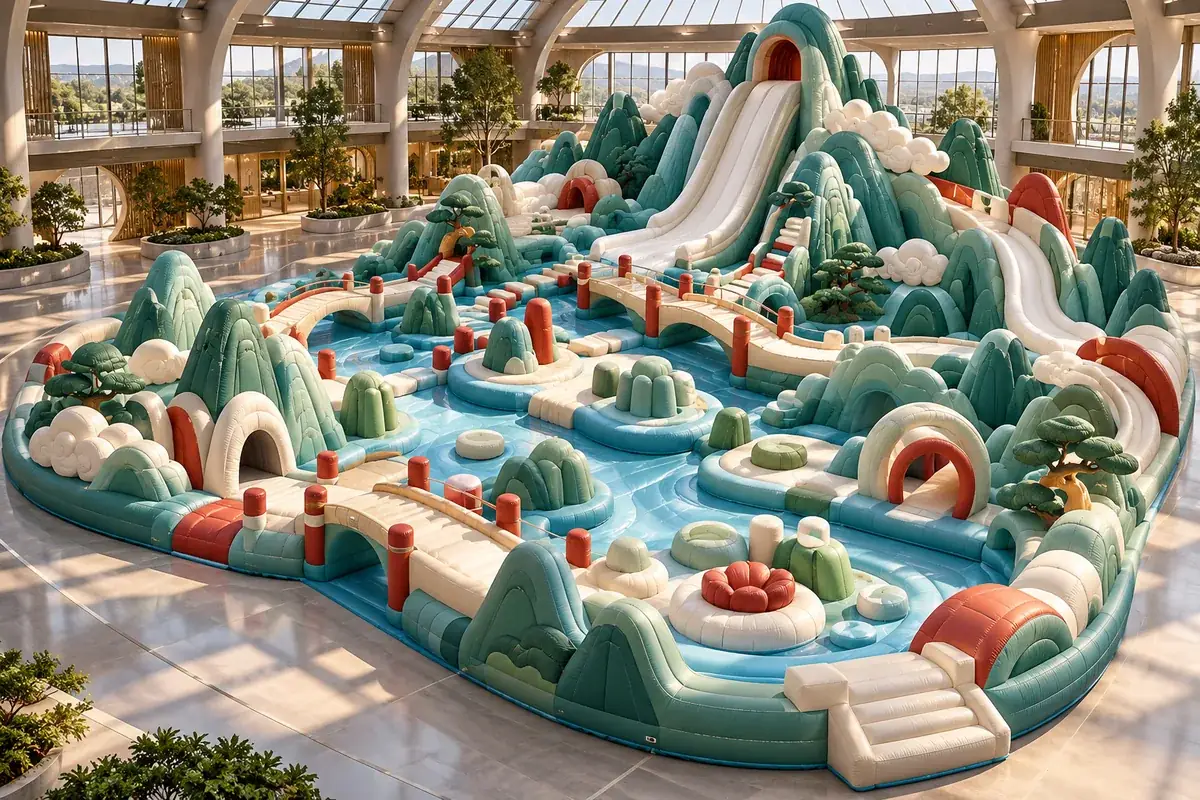 Mountain & Water Garden: Jade peaks, flowing bridges and garden islands create a connected mountain adventure. AI-generated inflatable concept visualisation, not an installed attraction.