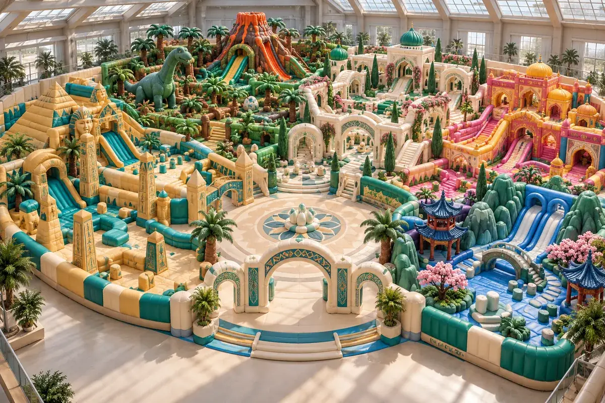 Proposed indoor inflatable adventure park concept combining original cultural play zones; concept visualisation, not an installed project.
