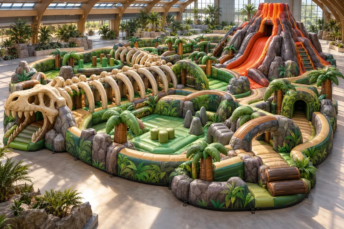 Prehistoric Expedition: Fossil trails, canopy clearings and a volcano challenge shape an original prehistoric adventure. AI-generated inflatable concept visualisation, not an installed attraction.