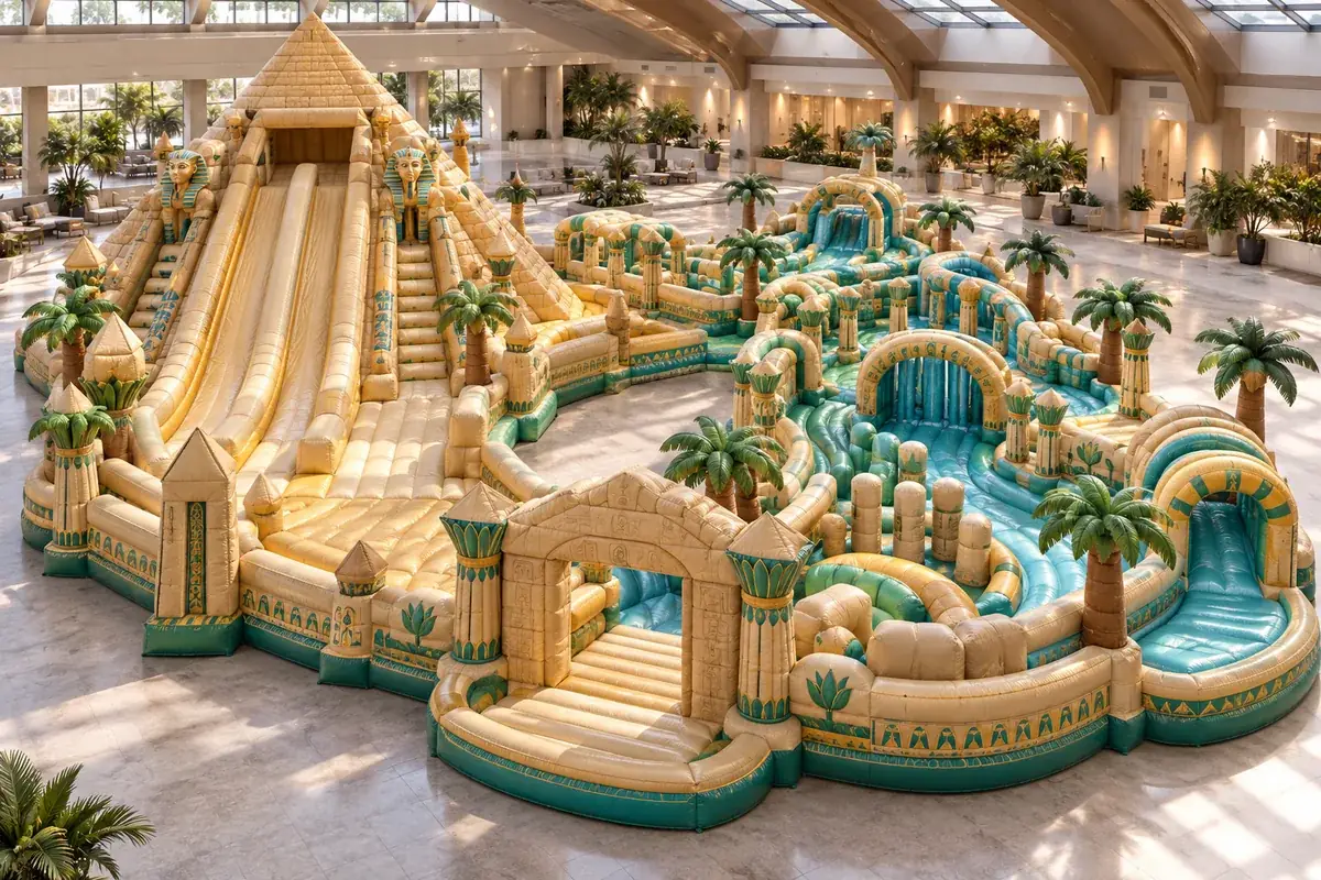 Nile & Pyramid Expedition: Pyramid discovery and winding Nile-inspired routes meet in an original inflatable expedition. AI-generated inflatable concept visualisation, not an installed attraction.