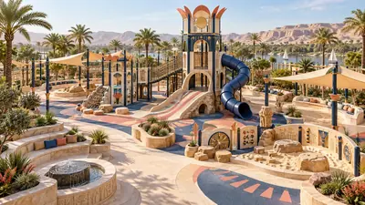 AI concept visual of an Ancient Egypt-inspired cultural playground with themed towers, a bridge, slides and ground-level discovery panels.