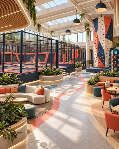 Original AG architectural concept for fec + active entertainment: Indoor destinations with many ways to play. Artistic visual; technical design and suitability pending.