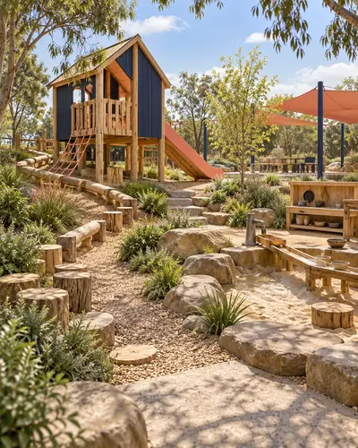 Original AG architectural concept for nature + landscape play: Play that belongs to its landscape. Artistic visual; technical design and suitability pending.