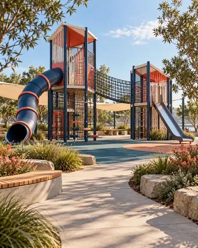 Original AG architectural concept for outdoor play: Towers, swings and everyday discoveries in the open air. Artistic visual; technical design and suitability pending.