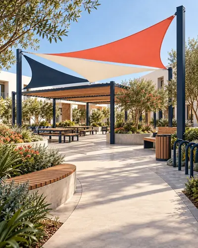 Original AG architectural concept for shade + public realm: Comfort, welcome and a place to pause. Artistic visual; technical design and suitability pending.