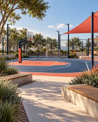 Original AG architectural concept for sport + courts: Places for practice, competition and community. Artistic visual; technical design and suitability pending.