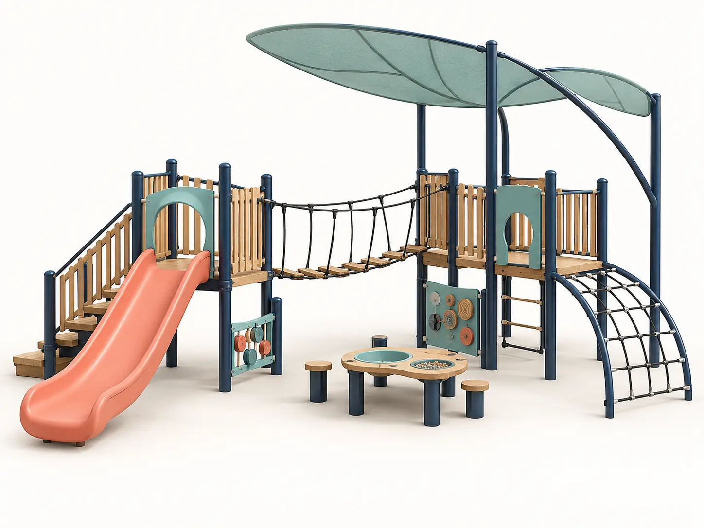 Canopy Compass Discovery Grove playground concept with staggered timber-look platforms, rope bridge, open slide, tactile panel and offset shade canopy.