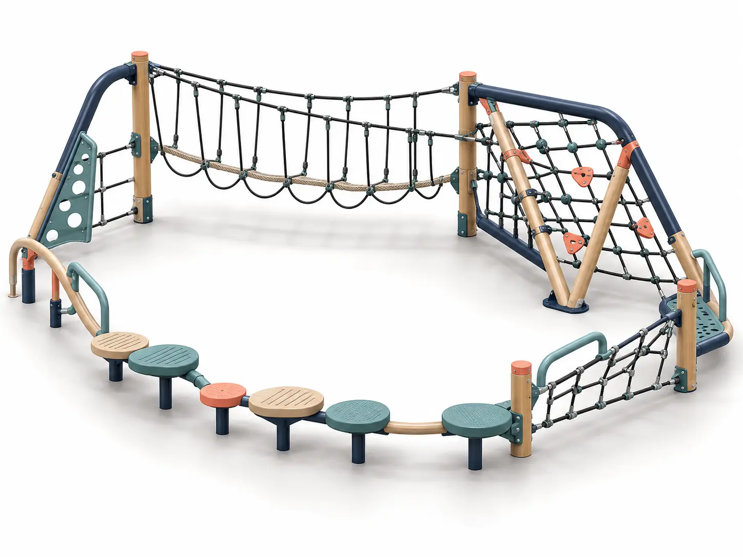 Traverse Loop Adventure playground concept with a climbing-led open loop with angled net traverse, rope bridge and ground-level balance pods arranged around a clear central space.
