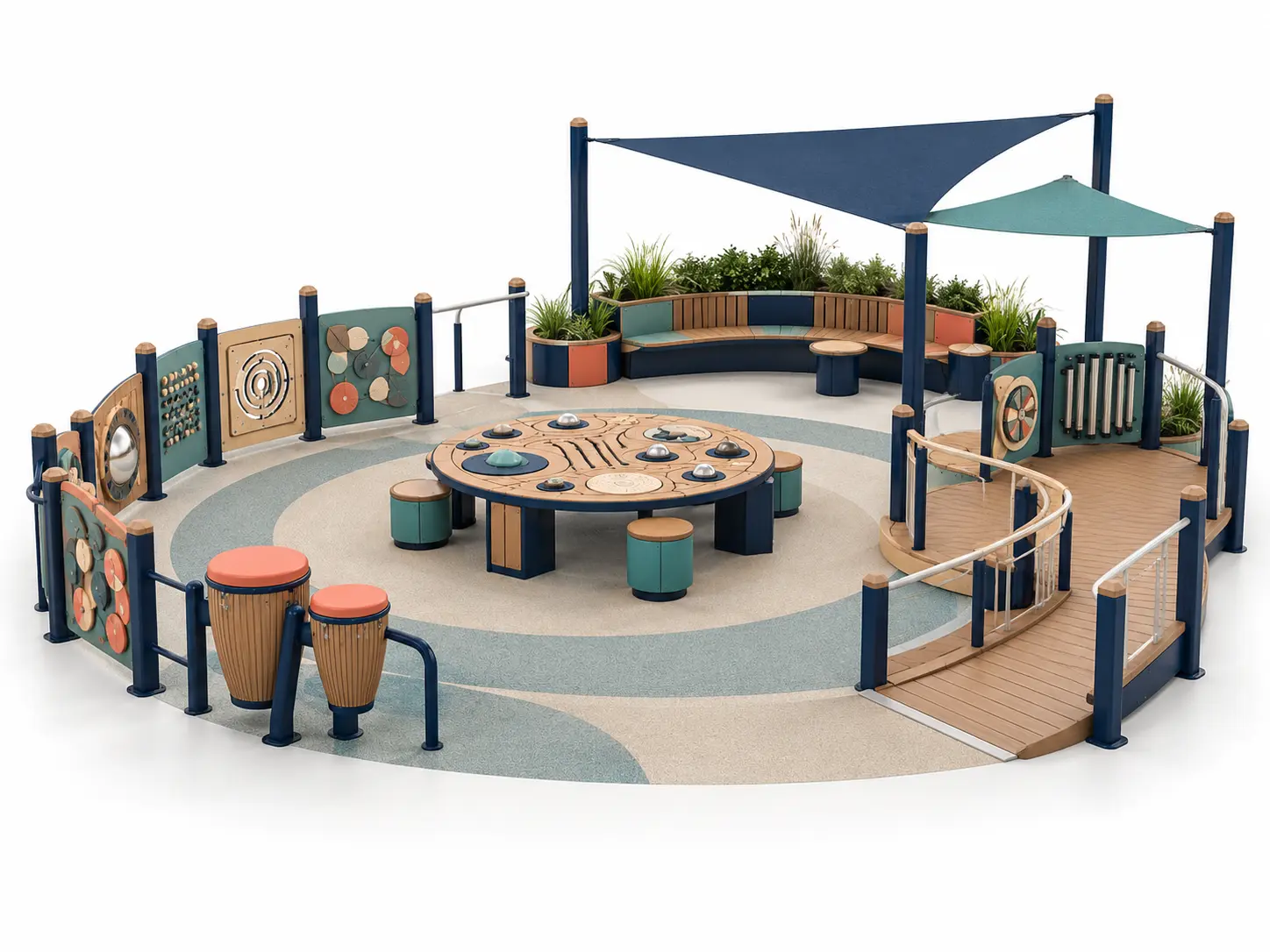 Sensory Orbit Plaza playground concept with a ground-led sensory plaza with tactile panels, rhythm drums, a central discovery table, shaded seating and a short raised approach.