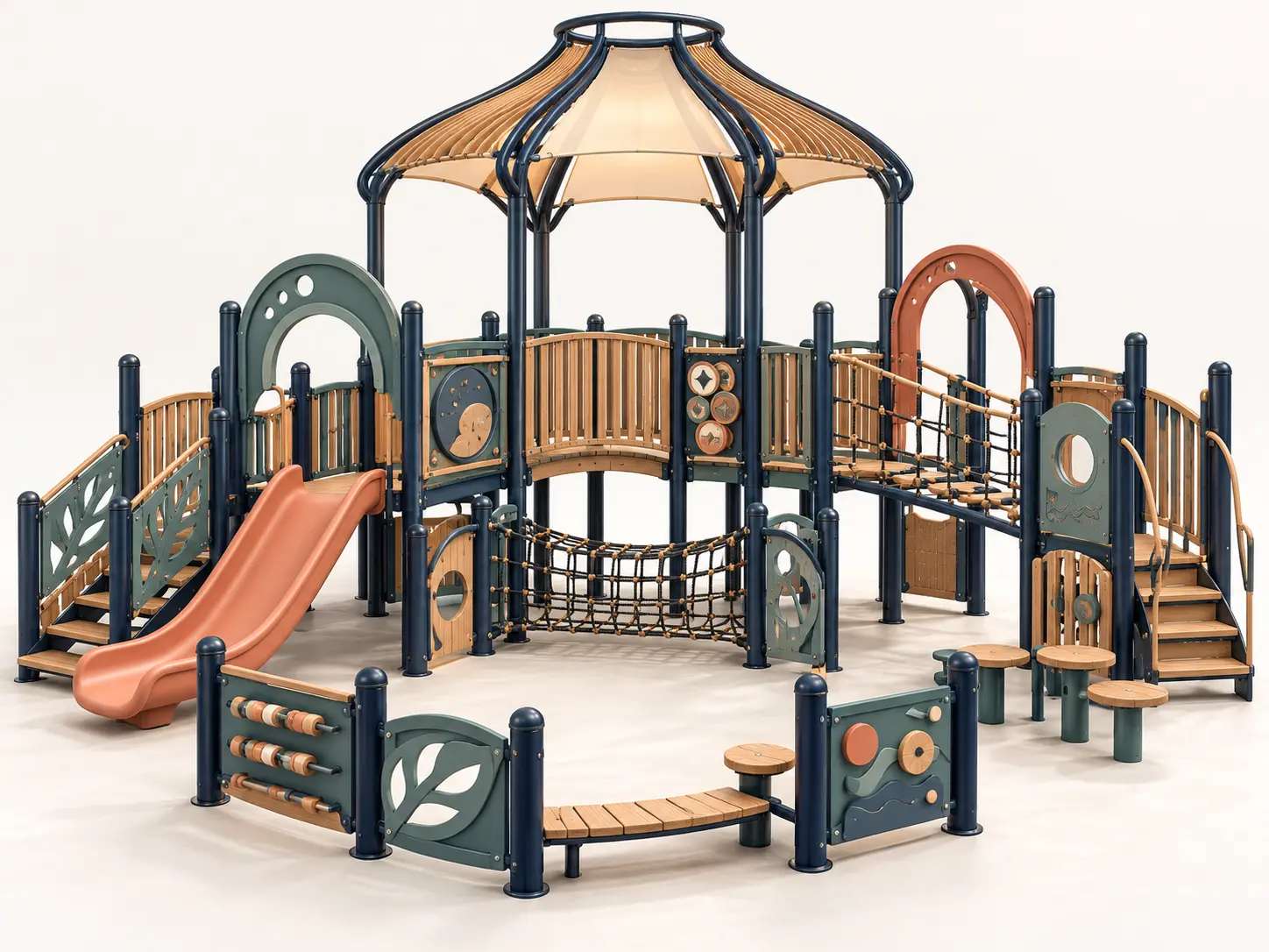 Lantern Trail Courtyard playground concept with a courtyard-style play environment with arched portals, linked bridges, tactile story panels, a crawl route and a lantern-shaped open canopy.