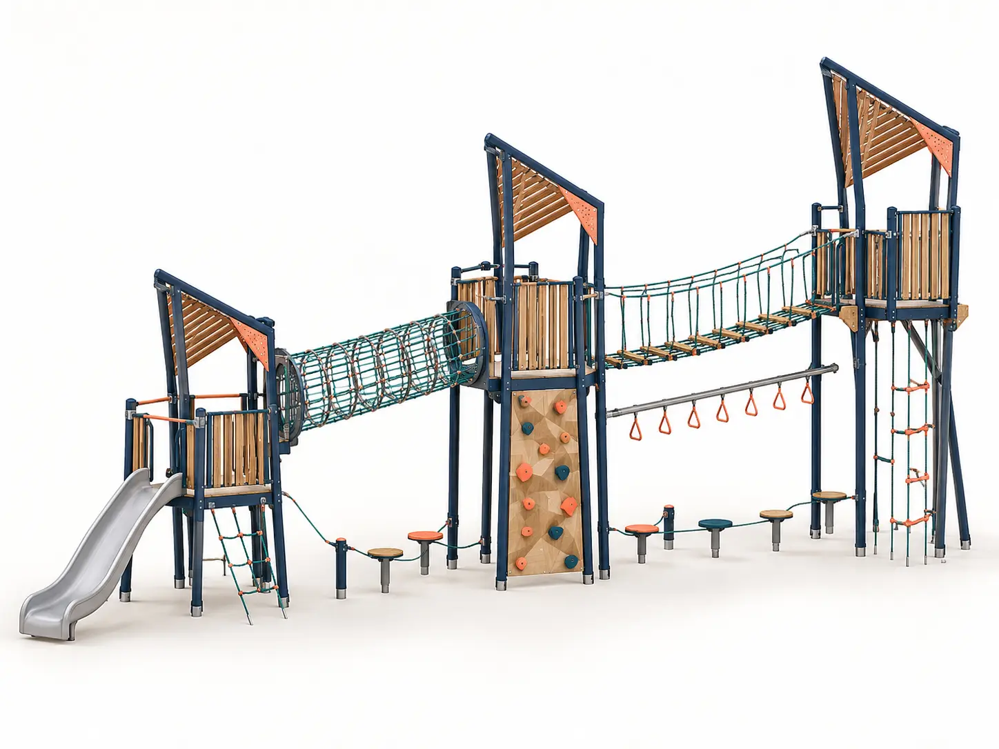 Skyline Linking Towers playground concept with three angular platforms rise along a linear route joined by a rope tunnel and net bridge, with a climbing panel and lower slide.