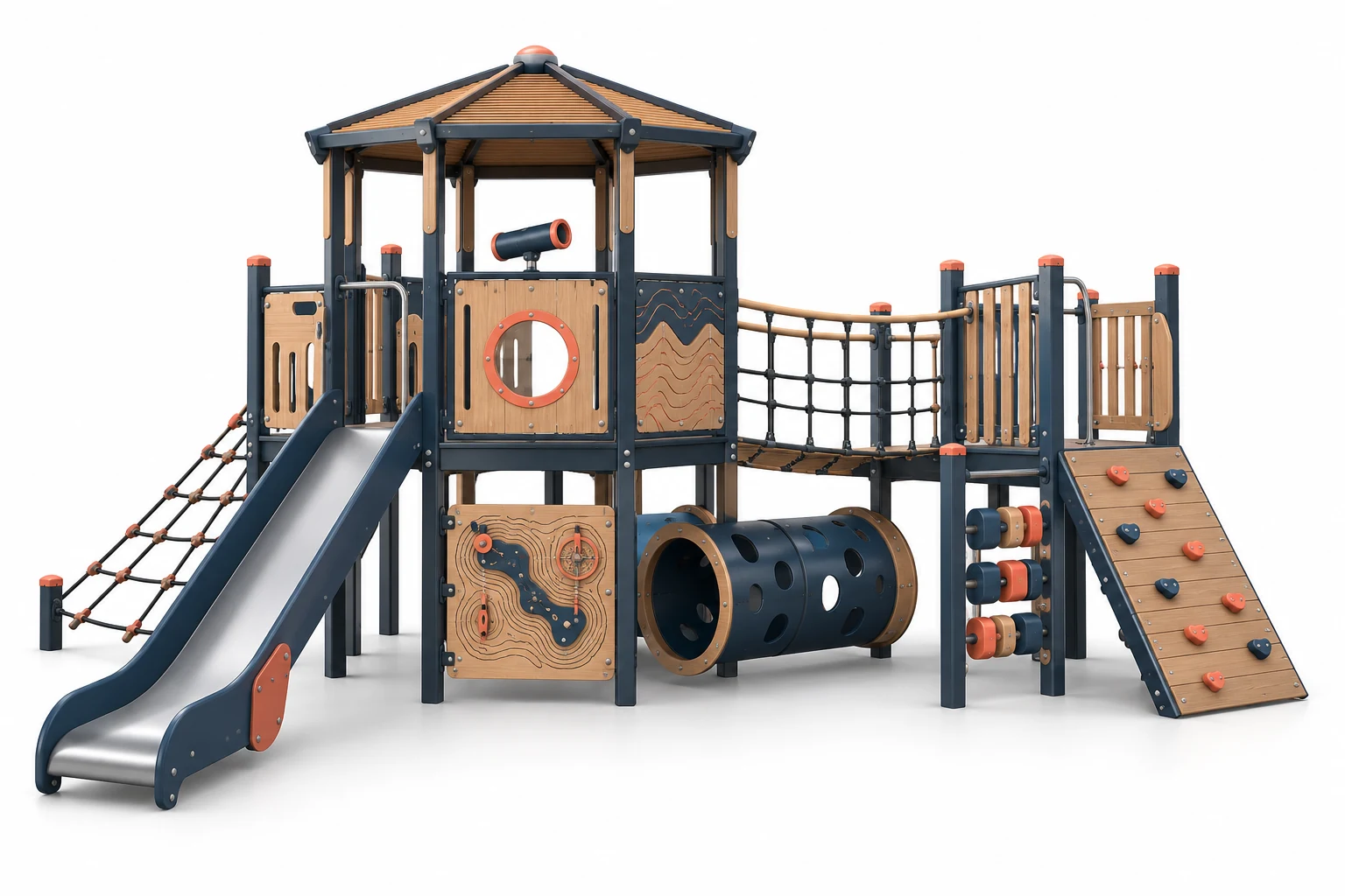Field Lab Discovery Base playground concept with a compact expedition-themed base with a hexagonal observation deck, discovery frames, tactile map-like panel, crawl route and activity counter.