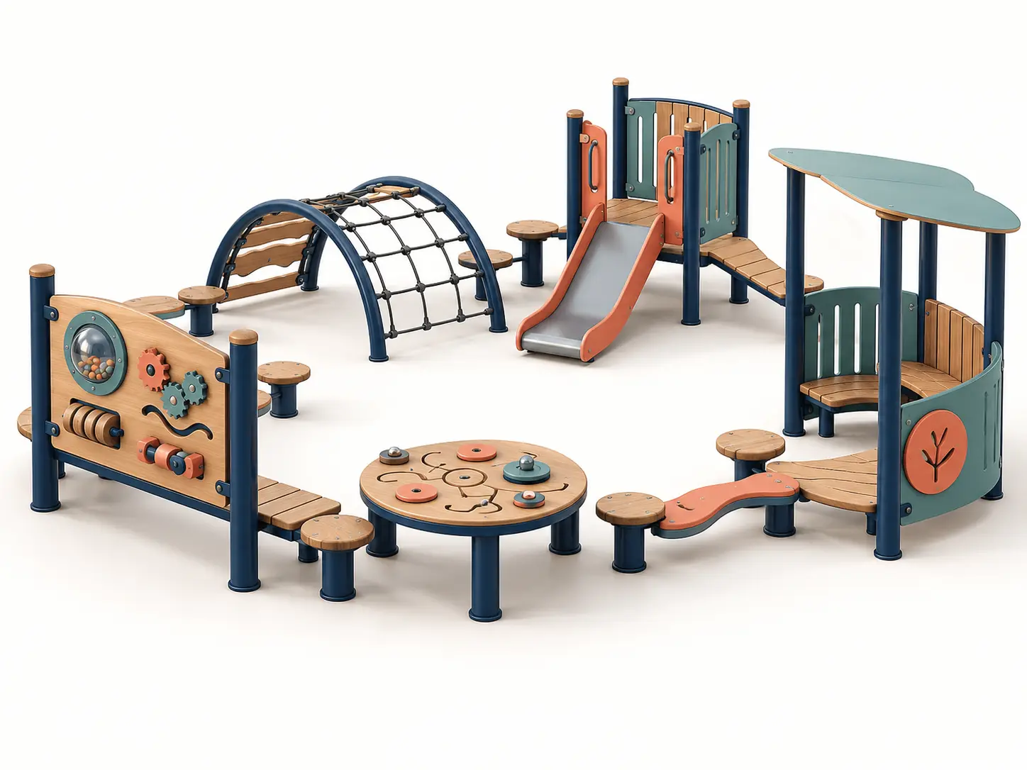 Village Play Circle playground concept with five small activity nodes form a loose circle around a shared centre, including a ground-level counter, tactile panel, climbing arch and compact slide.