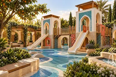 AI concept visual of an Andalusian courtyard-inspired playground with arched towers, slides and a garden trail.