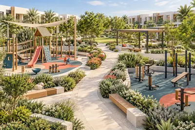 AI concept visual: an inclusive neighbourhood community park with a playground, adult exercise corner and shaded communal benches around a landscaped central path, bright contemporary architecture,.