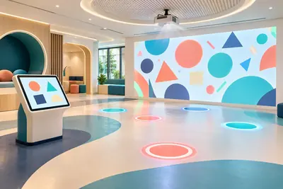 AI concept of a digital play room with a large interactive wall projection, floor targets and a touchscreen kiosk.