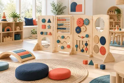 AI concept visual: a preschool educational play corner with freestanding timber activity wall, shapes sorting panel, abacus, movable gears and large tactile learning pieces, calm white classroom,.