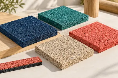 AI concept visual: an architectural material study of playground EPDM rubber surfacing, close-up fine rubber granules, four thick square samples in navy, restrained teal, coral and warm beige,.