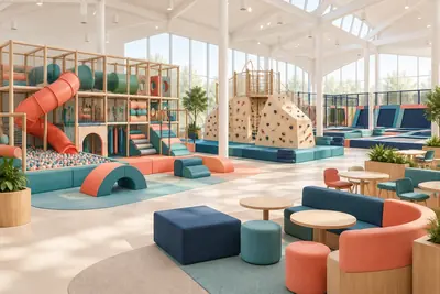 AI concept visual: a bright family entertainment centre interior with dedicated soft-play area, a low climbing installation, trampoline area and family seating, clearly divided activity zones,.
