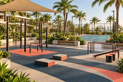 AI concept of an outdoor fitness area with exercise bars, step platforms and a sports court in the background.