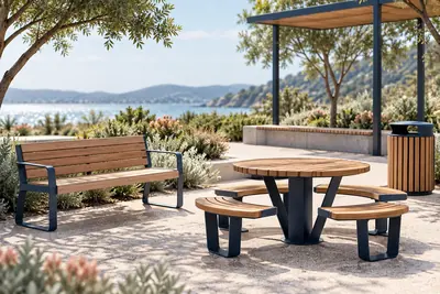 AI concept of park furniture with timber benches, a picnic table, integrated seating and a waste bin.