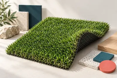 AI concept visual: a photorealistic architectural materials studio image of artificial playground grass, one large realistic green turf swatch with a curled edge showing black backing and fine.