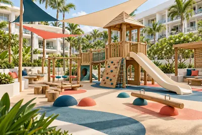 AI concept visual: a premium hotel resort family playground with a low timber play tower, cream slide, shade sails, accessible ground-level play and parent seating, contemporary white hotel.