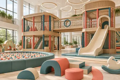 AI concept visual of a light-filled indoor play centre with a connecting bridge, slides and toddler play.