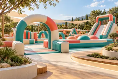 AI concept of a cream, teal and coral inflatable activity park with archways, obstacles and a slide.