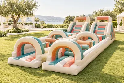 AI concept visual: one standalone inflatable obstacle game for a family event: two parallel low obstacle lanes, rounded entry arches and a short finishing slope, cream inflated body with restrained.