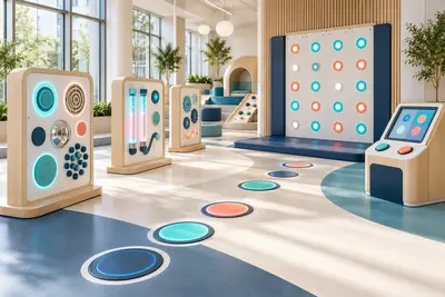 AI concept visual: a bright indoor interactive physical play room, freestanding tactile illuminated activity panels, a large push-button reaction wall, floor stepping targets and a simple game.
