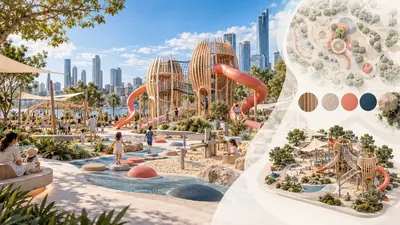 AI-generated concept visualisation of a sculptural playground and illustrative design layers