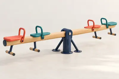 AI concept visual: one original four-seat playground seesaw, pale timber beam, navy central pivot, restrained coral and teal seats with hand grips and foot supports, entire object fully visible on.