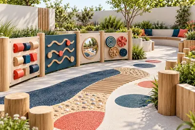 AI concept visual: a bright calm sensory play garden, low tactile panels with rotating shapes, textured tracks, small mirror panel and sensory wheels, planted quiet seating area, everything ground.