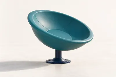 AI concept visual: one original freestanding playground spinning bowl, restrained teal tilted bowl on a short navy central pedestal, entire equipment visible with pale neutral studio ground and.