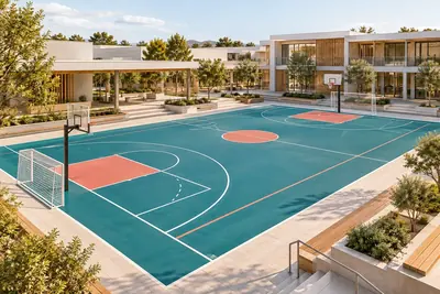 AI concept visual: a contemporary multi-use school sports court, teal surface with clear basketball and small-sided football markings, two basketball hoops and small goals, white architectural.
