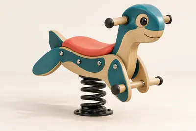 AI concept visual: one original timber and teal animal-inspired playground spring rider with a coral seat, black steel coil spring visible under it, hand grips and foot rests, entire object.