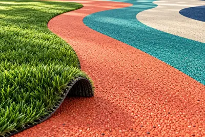 AI concept close-up of coloured rubber surfacing beside artificial turf, with a curled turf sample showing its backing.