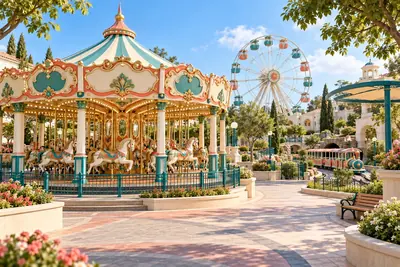 AI concept of a family amusement park with a carousel pavilion, observation wheel and small track ride.