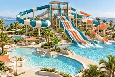 AI concept of a family water park with a multi-lane waterslide tower, open and enclosed flumes and leisure pools.